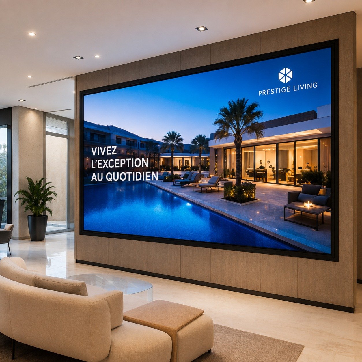 Écran LED mural haute définition dans un showroom immobilier
