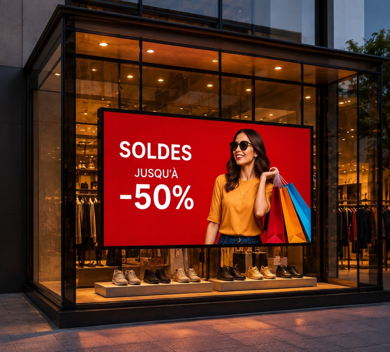 Écran LED de vitrine affichant une promotion soldes dans un magasin