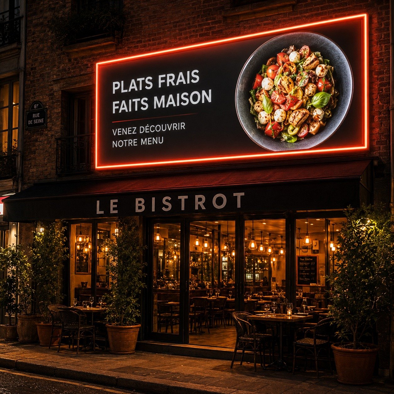 Enseigne lumineuse LED à caisson et contour néon sur la façade d’un restaurant