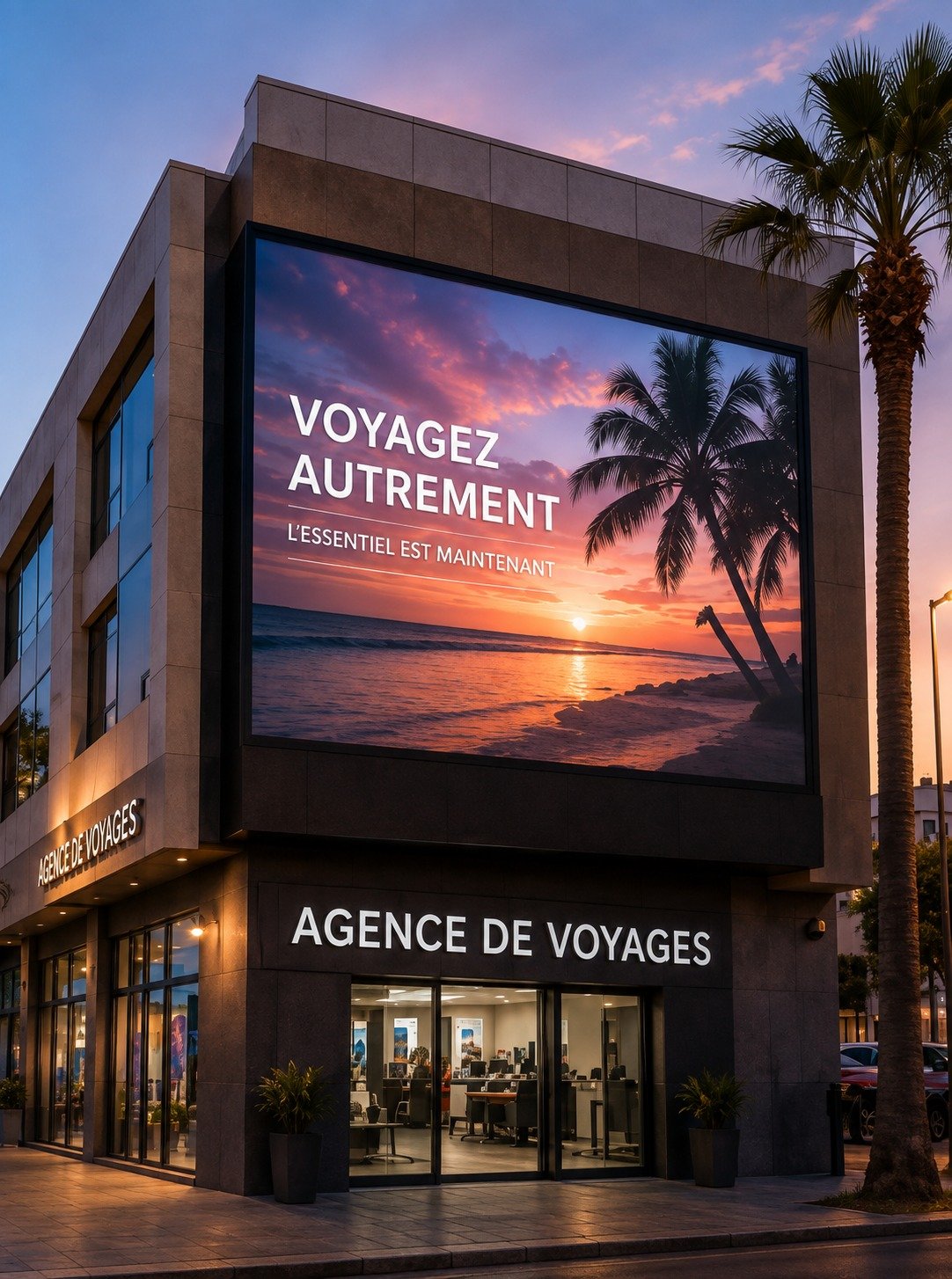 Panneau publicitaire LED en façade d’une agence de voyages au coucher du soleil