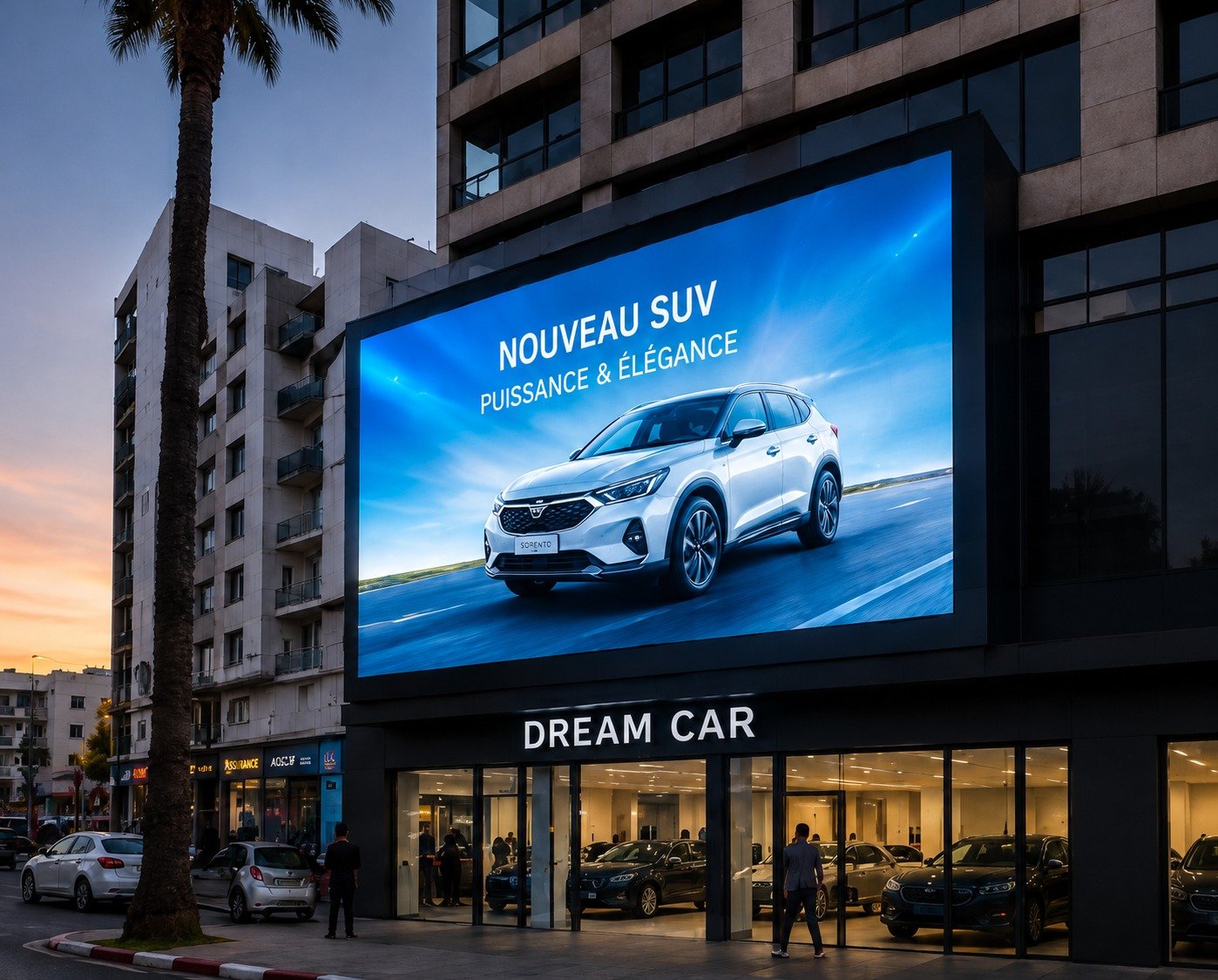 Panneau publicitaire LED en façade d’une concession automobile