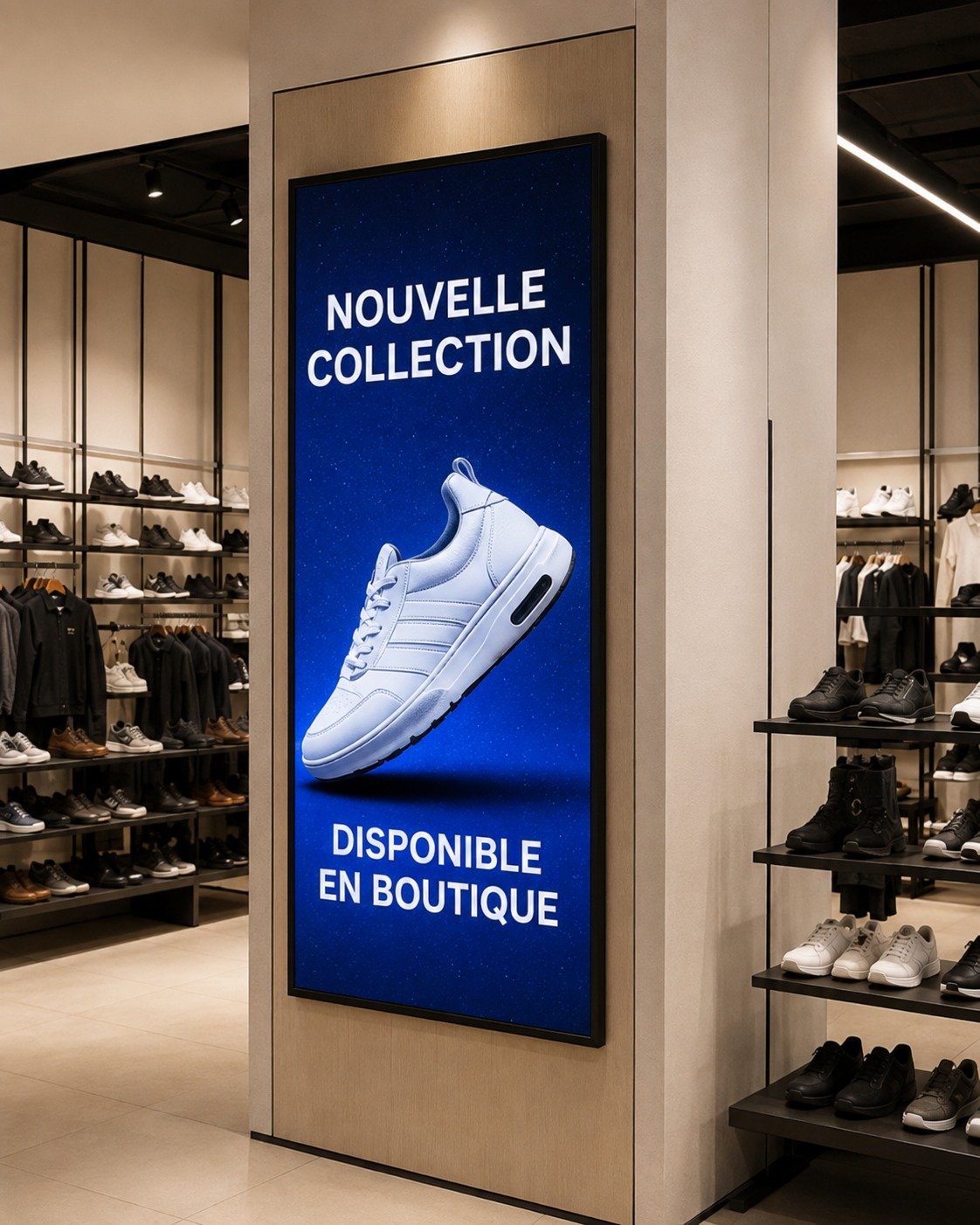 Totem LED intérieur annonçant une nouvelle collection dans un magasin de chaussures
